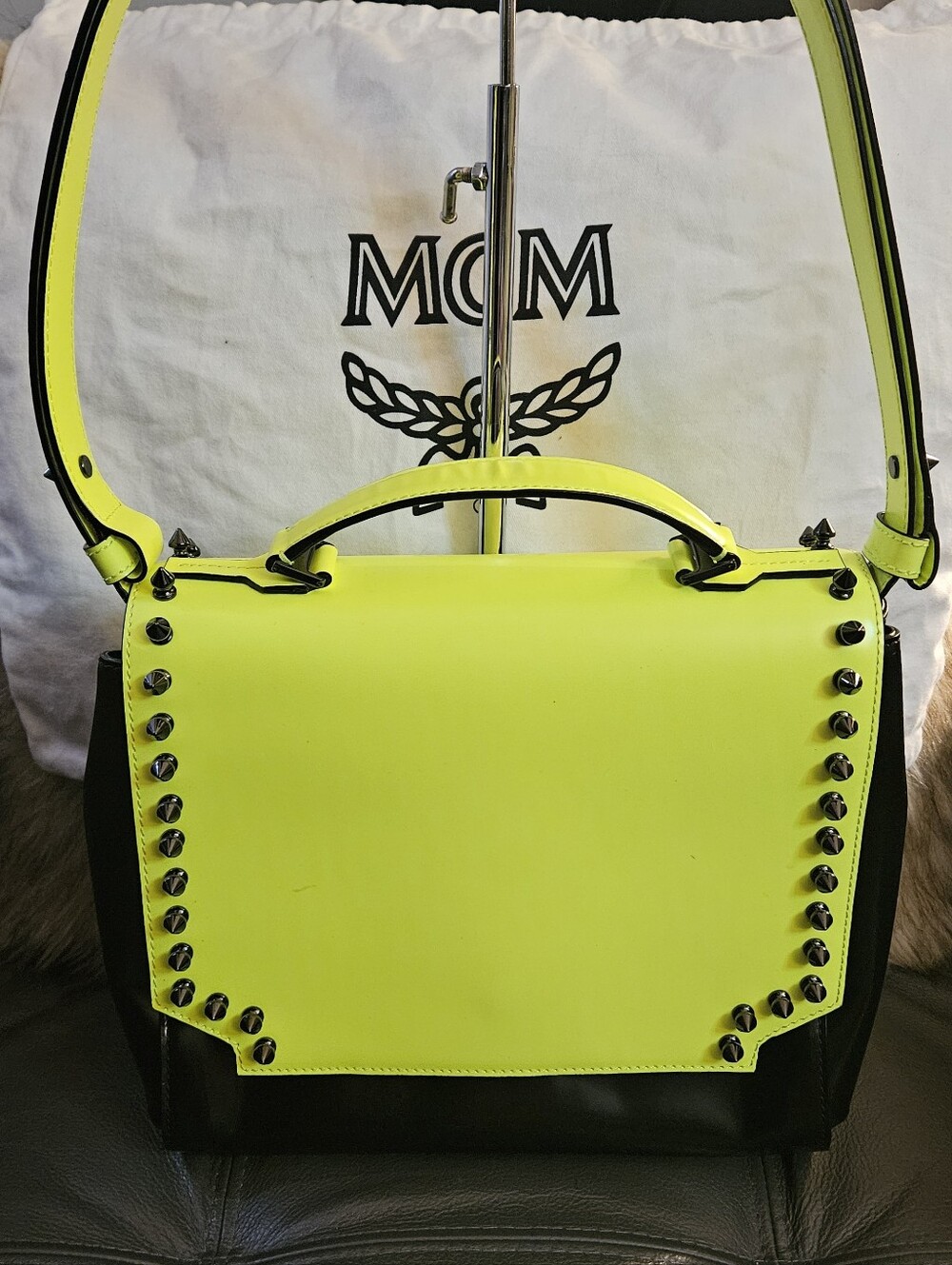 MCM Neon Leather Studded Shoulder Bag